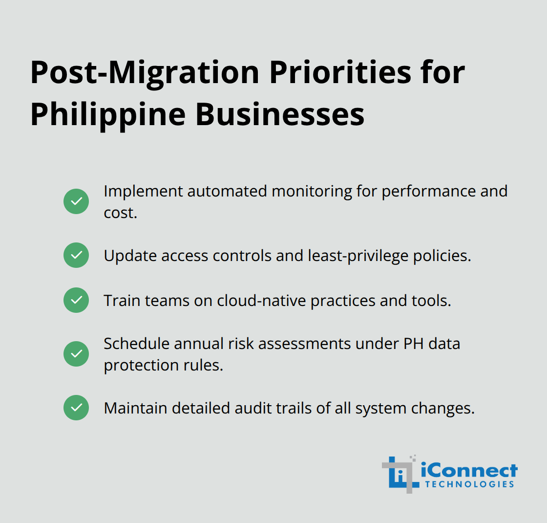 Checklist of essential post-migration actions to optimize cloud operations in the Philippines. - Cloud migration checklist Philippines